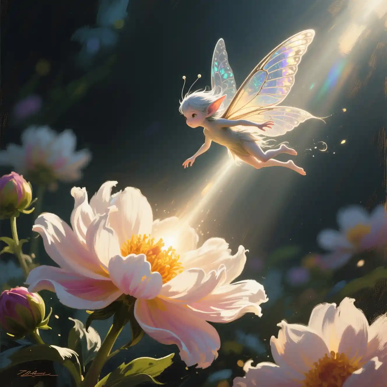 Tiny fairy flying above glowing blooming flowers