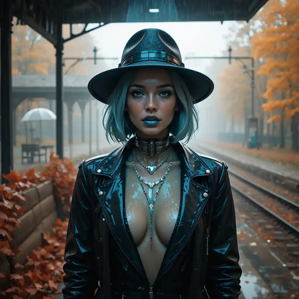 Surreale Glitch-Frau auf einem nebligen Herbstbahnsteig