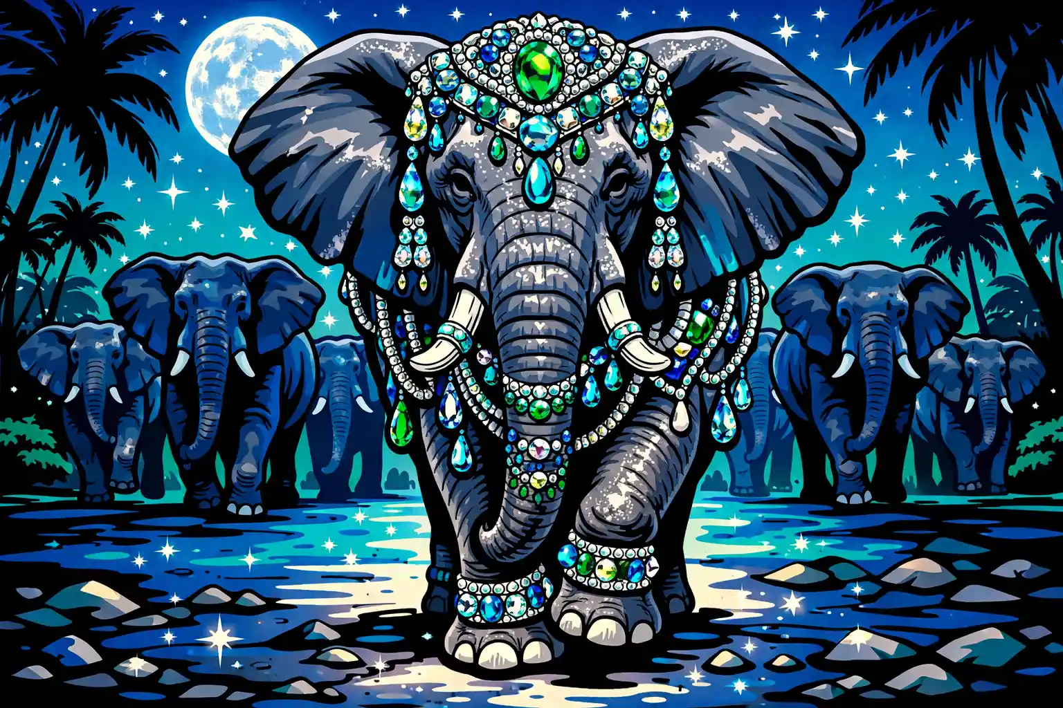 Majestic gem adorned elephant matriarch walking under moonlight