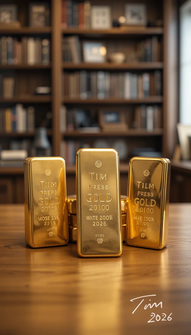 Stacked gold bars on wooden counter in office background