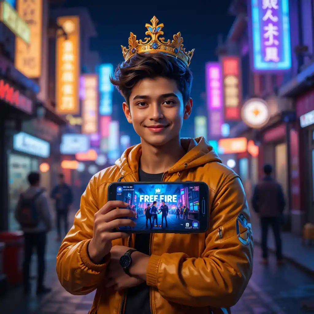 Confident young gamer holding phone in neon city scene