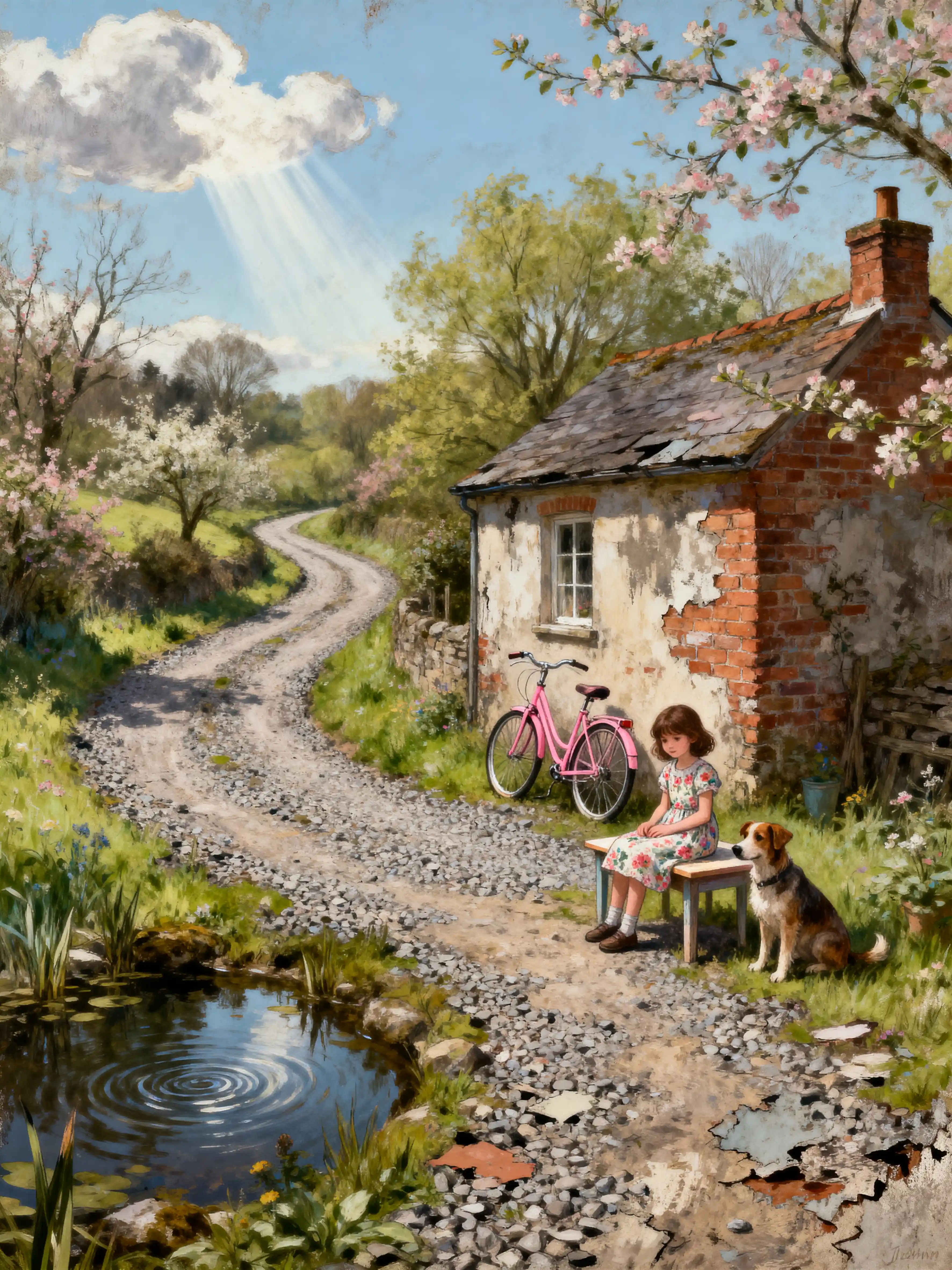 Little girl with dog by a pond on a country road