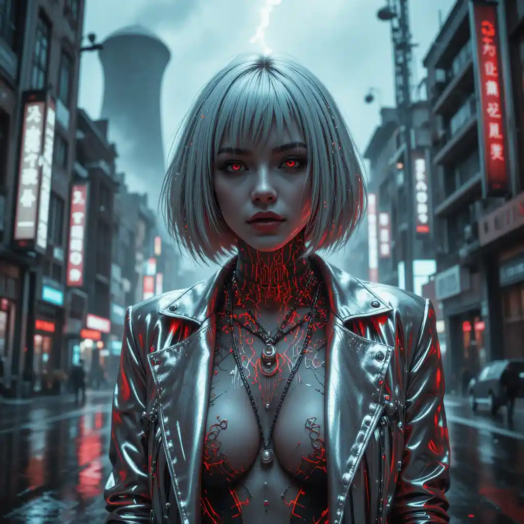 Cyberpunk woman in storm lit futuristic city portrait