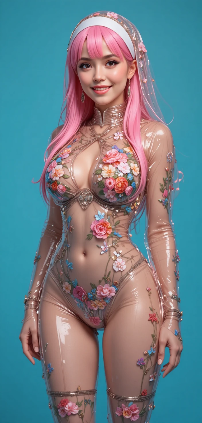 Nonne d’anime joyeuse en costume fleuri sur fond bleu