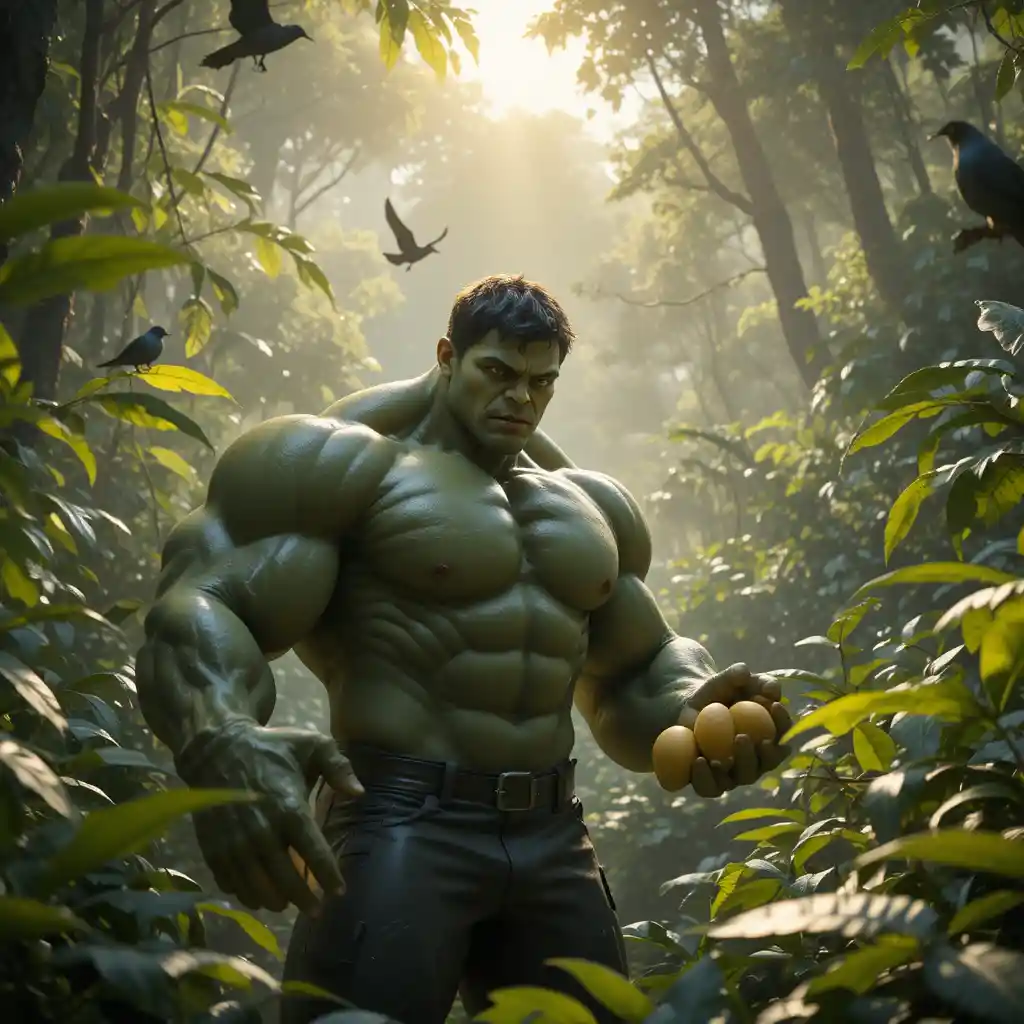 Superhero Gathering Fruit In A Sunlit Jungle Clearing