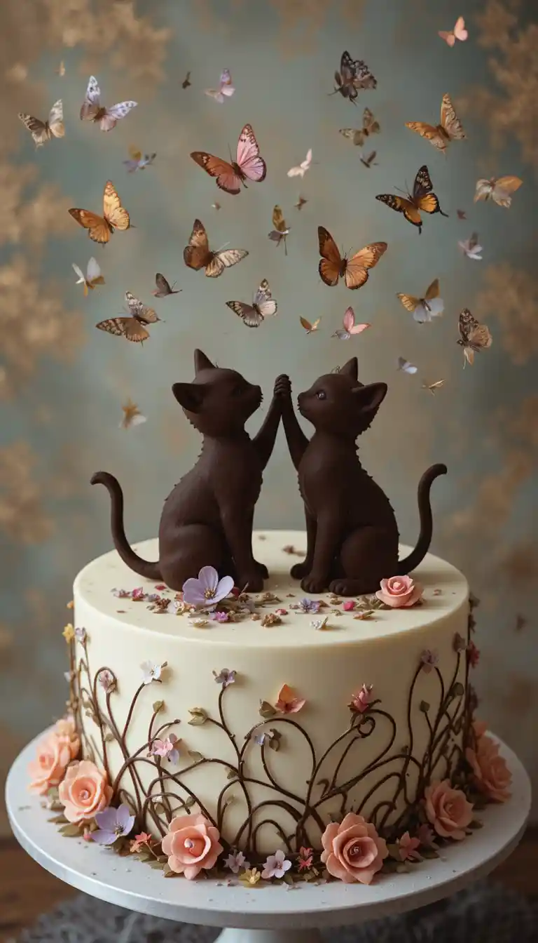 Pastel decorativo con gatitos cazando mariposas