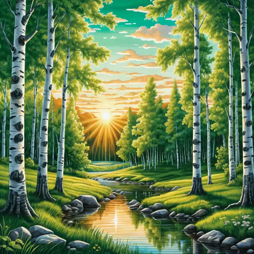 Summer birch forest with sunrise in colored pencil style