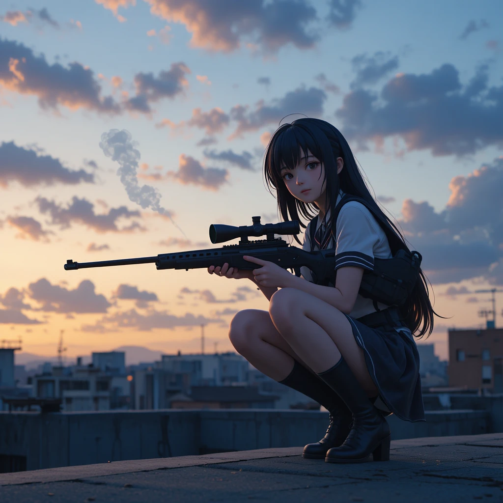 Anime schoolgirl sniper on a quiet twilight rooftop
