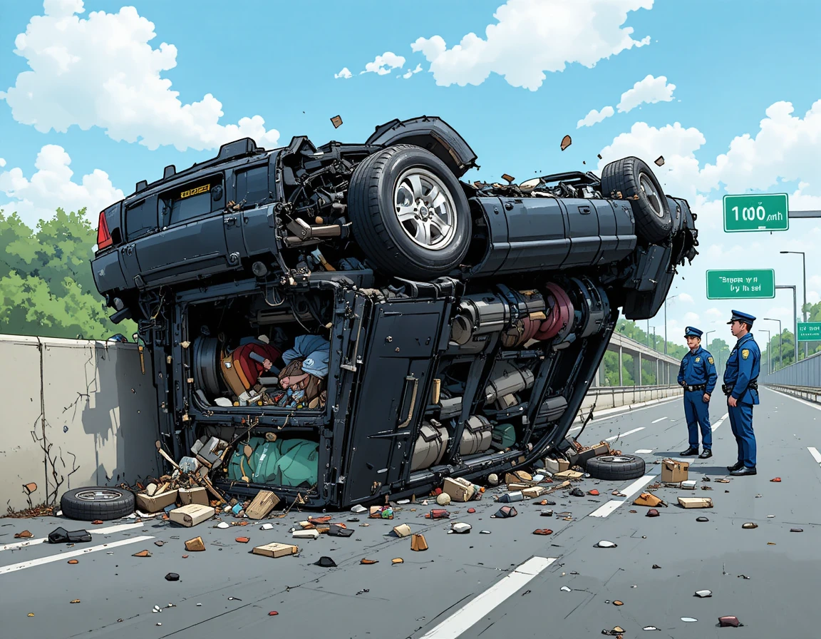 Voiture noire retournée dans un accident sur l’autoroute avec des policiers
