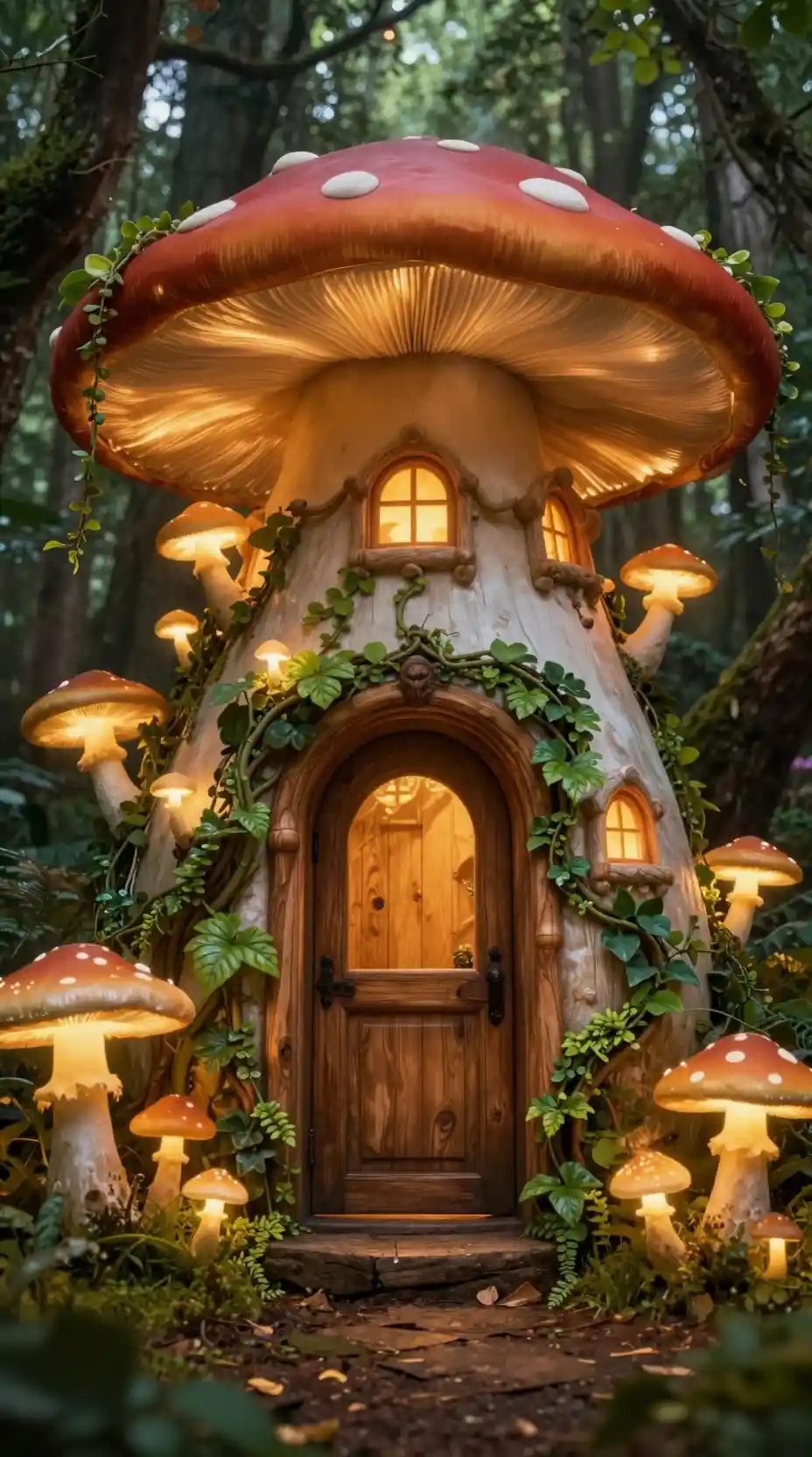 魔幻森林中發光的奇幻蘑菇小屋