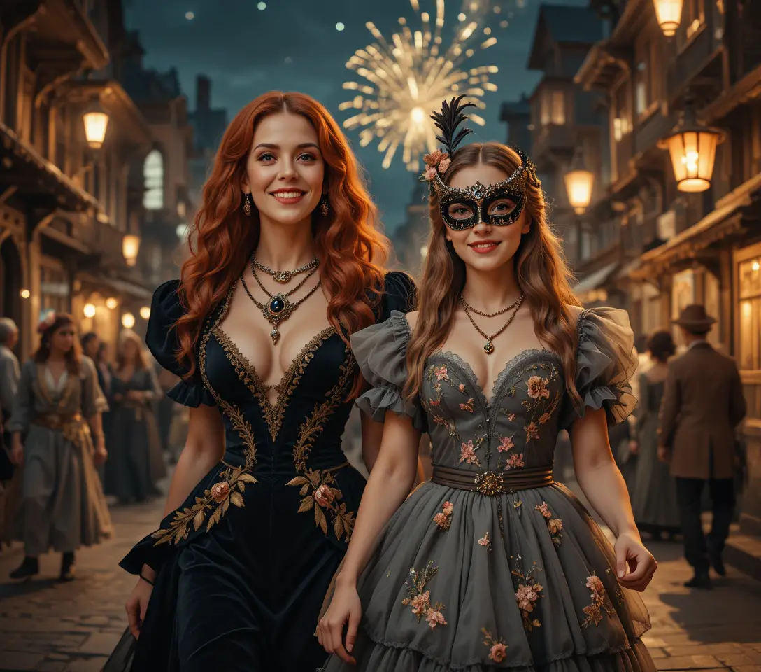 Masked woman and girl walking a medieval carnival street