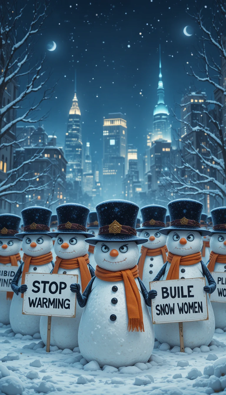 憤怒的雪人聚集在發光城市天際線前抗議