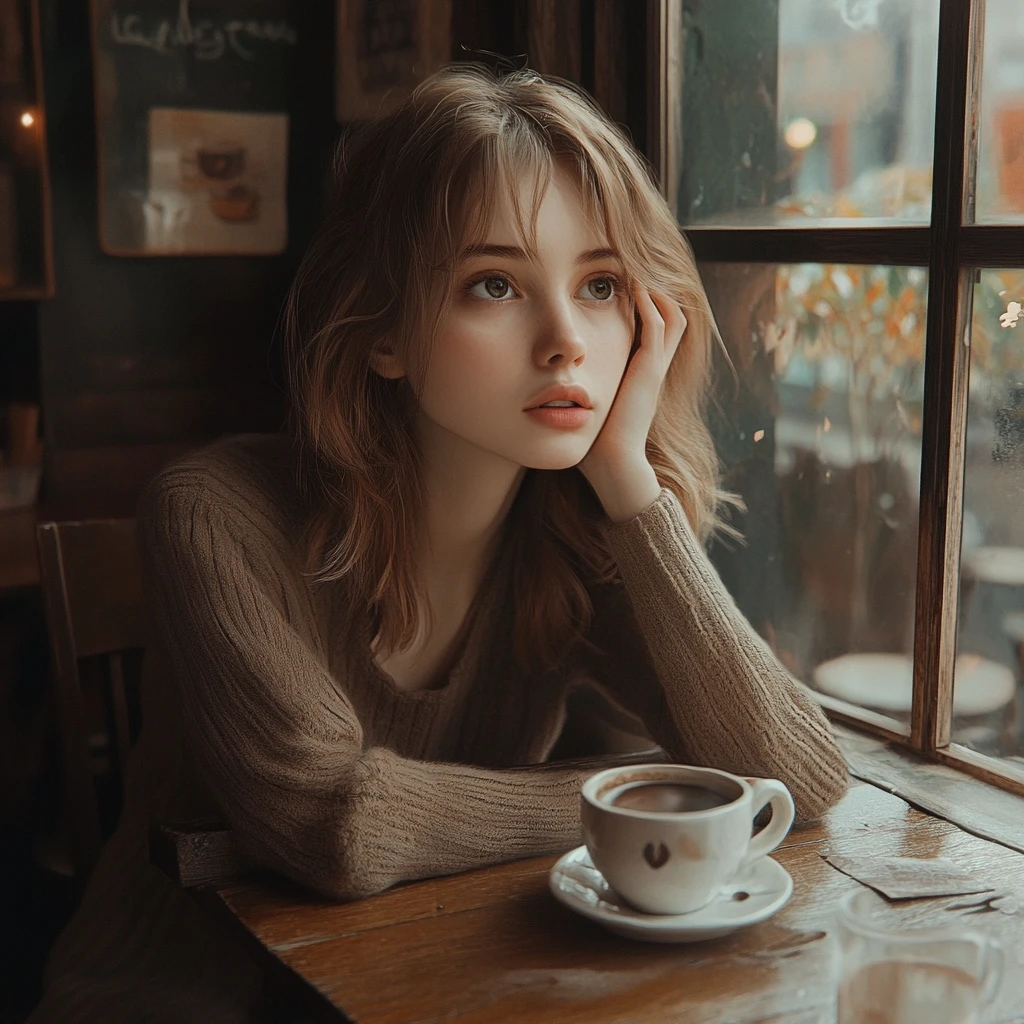 Jeune femme assise seule à une petite table de café