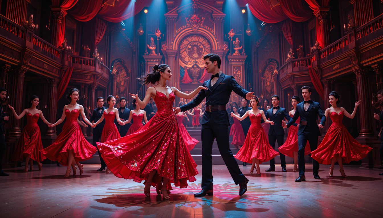 Couple dansant sur une scène de théâtre éclairée en rouge