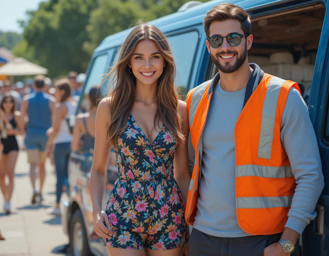 Smiling young woman in floral romper by blue van