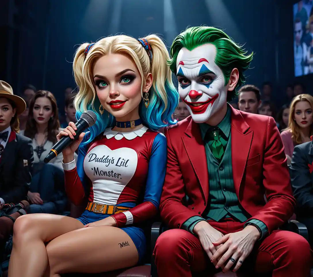Casal de cosplay vestido como dupla de vilões coloridos no palco