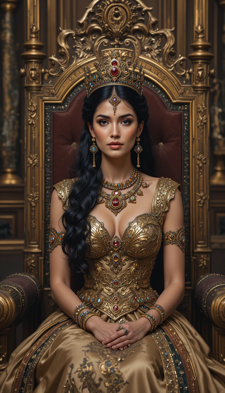 Regal Persian queen on a jeweled throne in silk robes