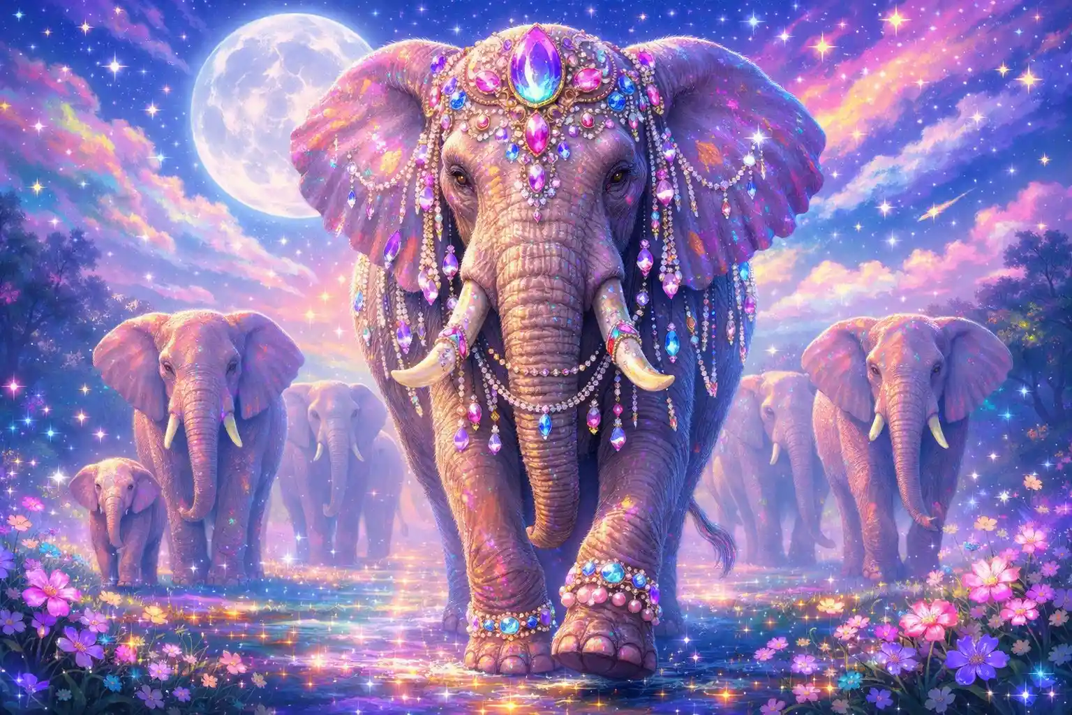 Majestic jeweled elephant matriarch walking under moonlight