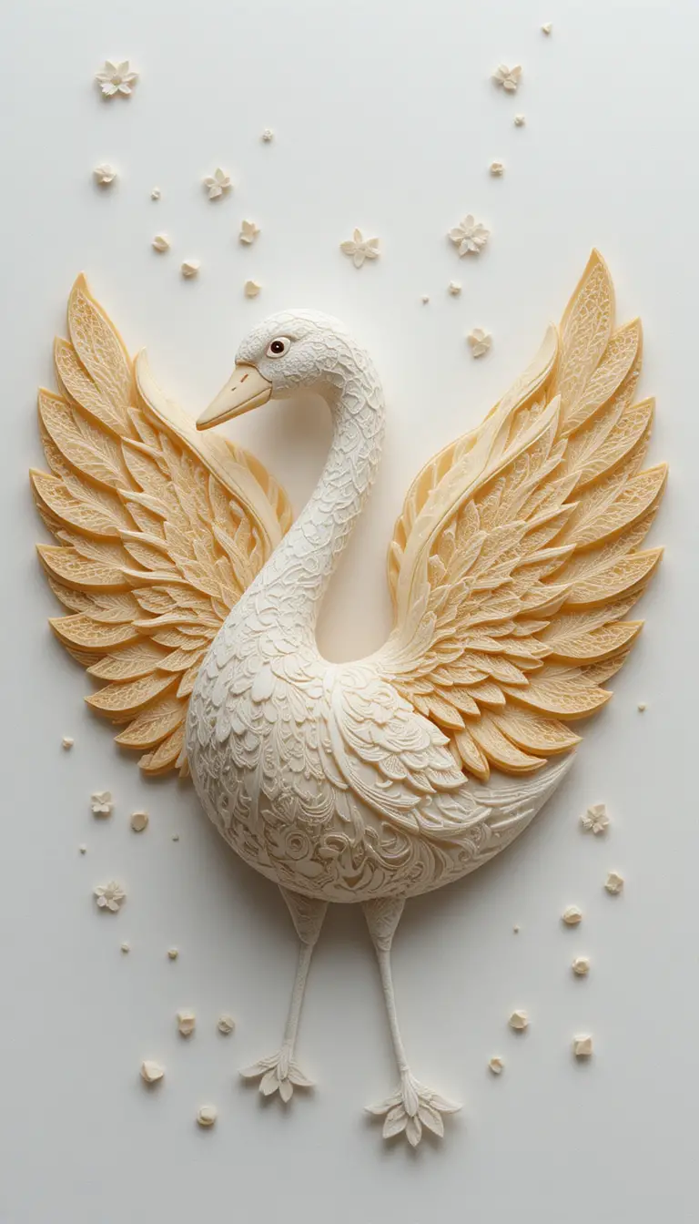 Escultura isométrica 3D de cisne formada por panqueques tipo encaje