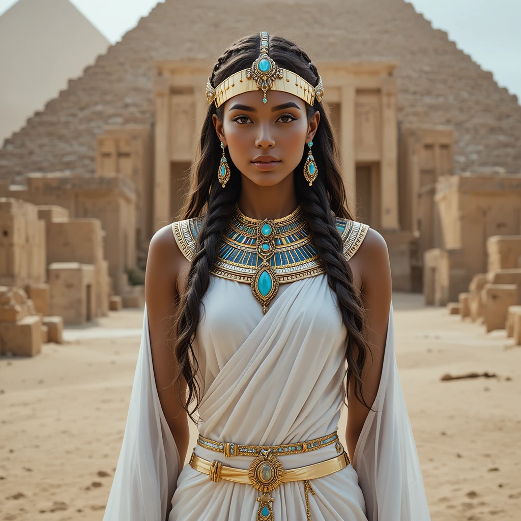 Regal woman before ancient Egyptian pyramids at dusk