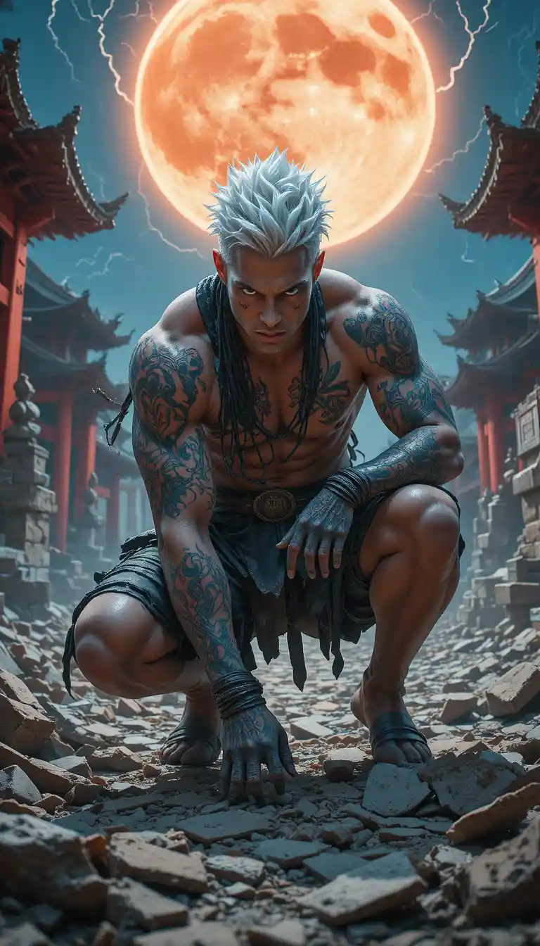 Tattooed white haired warrior crouching before a glowing orb