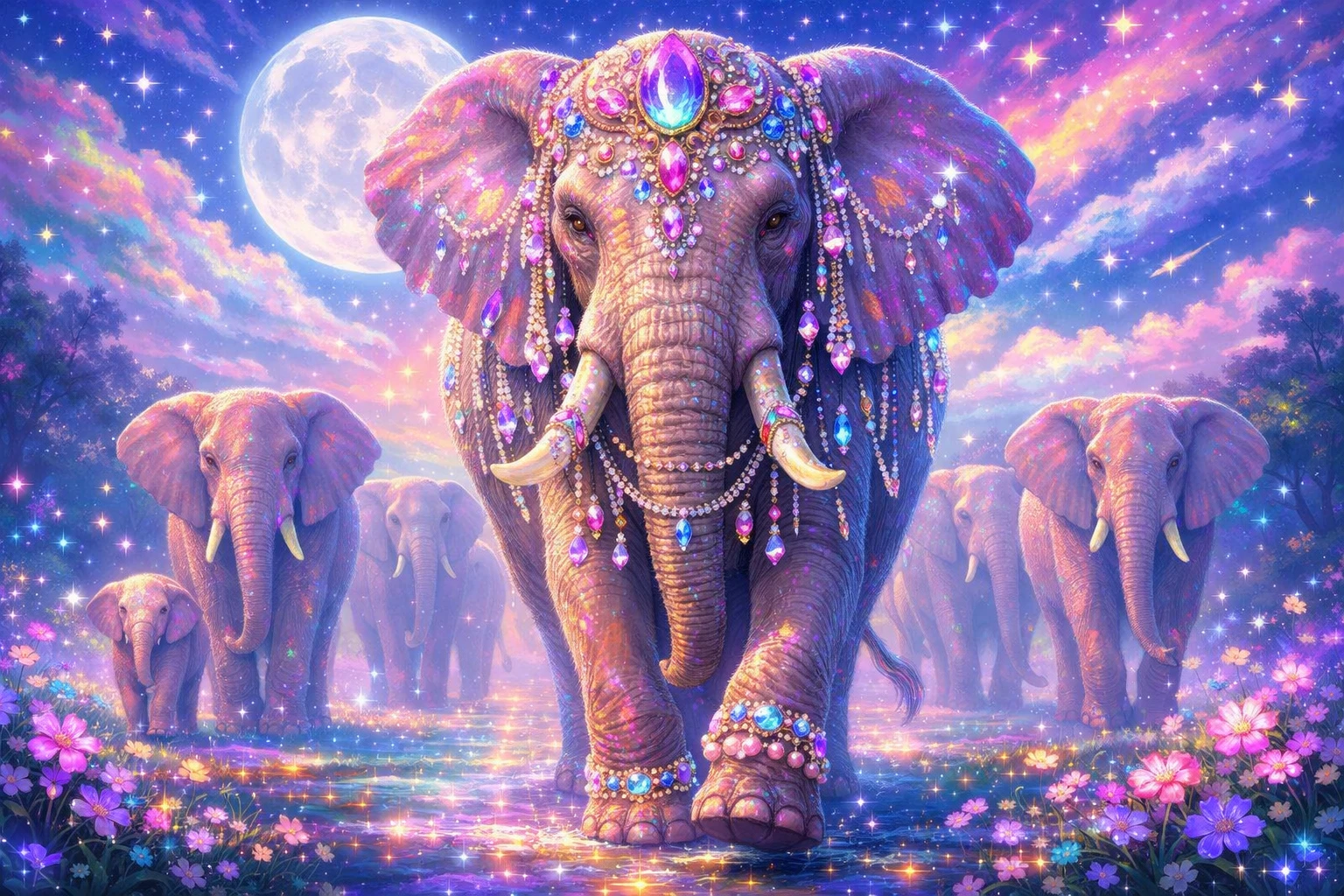 Matriarca elefante majestuosa y enjoyada caminando a la luz de la luna