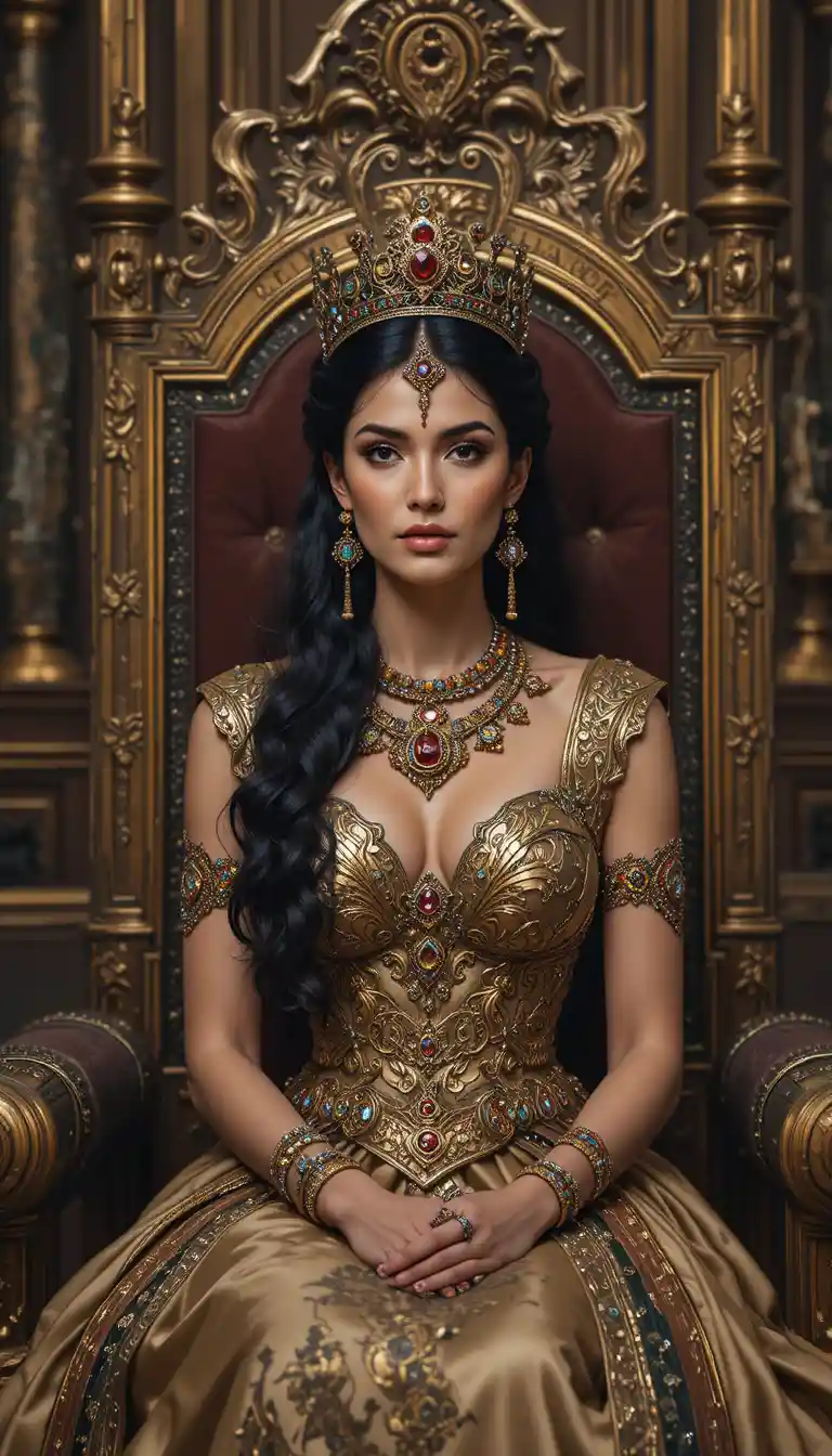 Regal Persian queen on a jeweled throne in silk robes