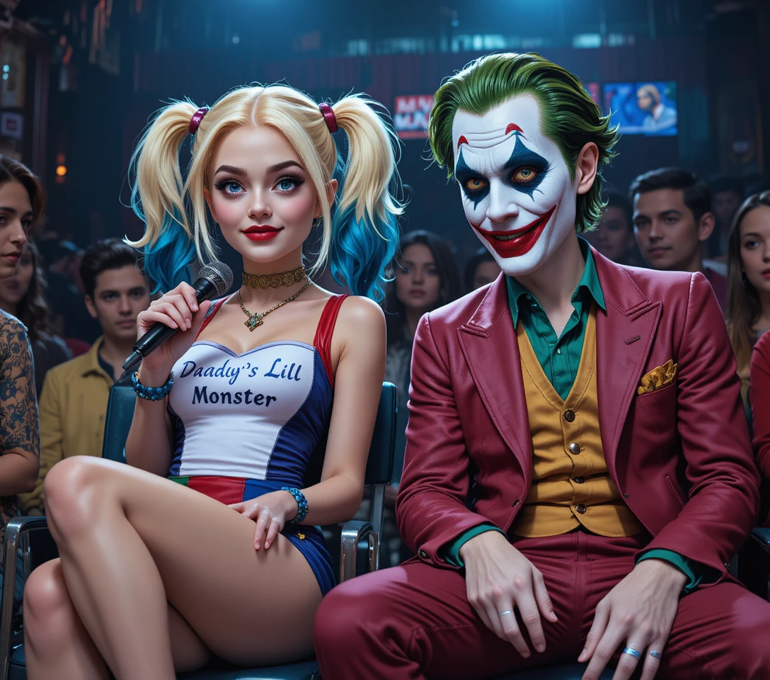 Cosplay couple dressed as comic villains in studio audience