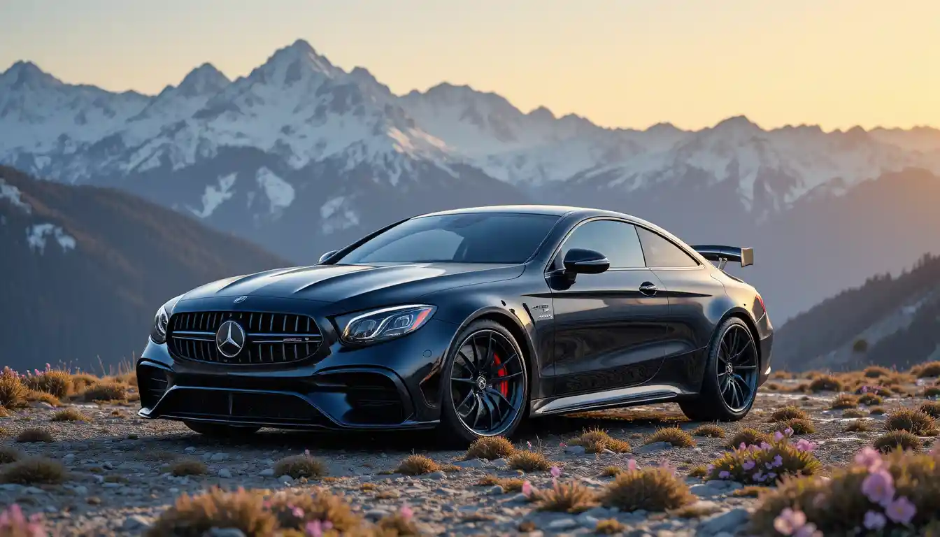 Black and blue sports car on a snowy mountain road