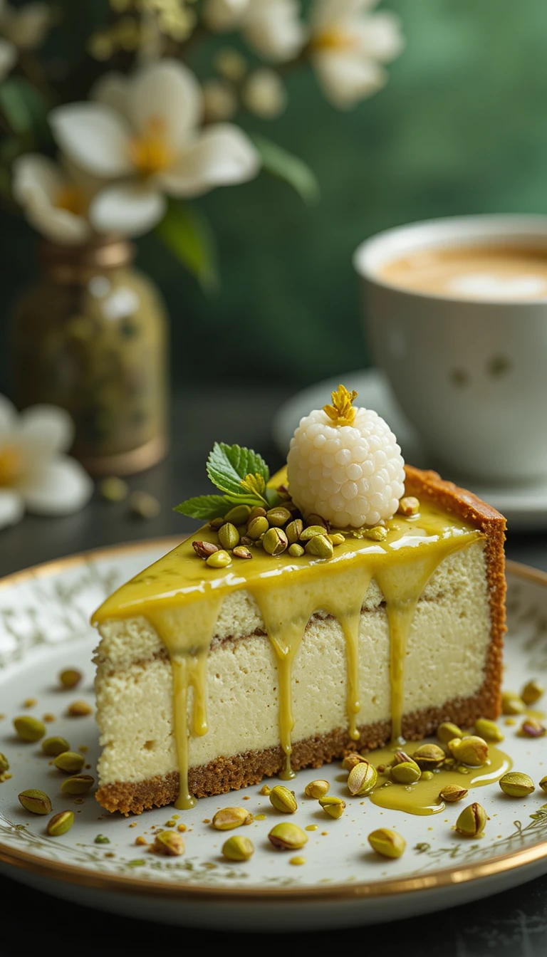 Primer plano de una porción de cheesecake de pistacho con un capuchino al lado