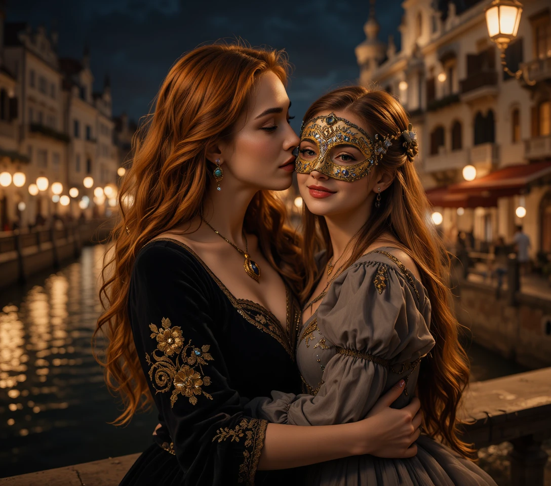 Masked woman kissing girl by a medieval night canal