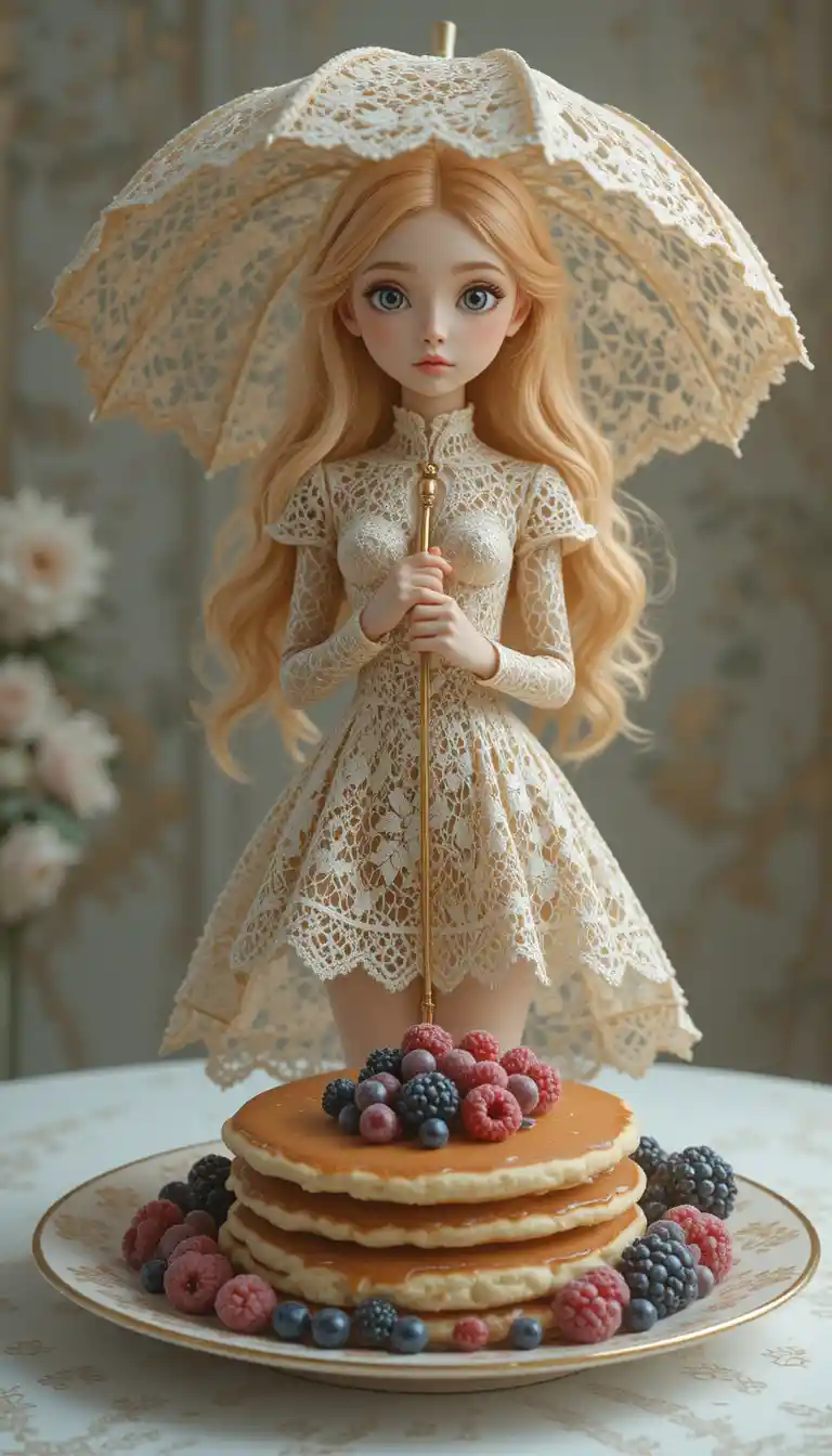 Garota 3D de fantasia com guarda‑chuva de renda ao lado de uma panqueca