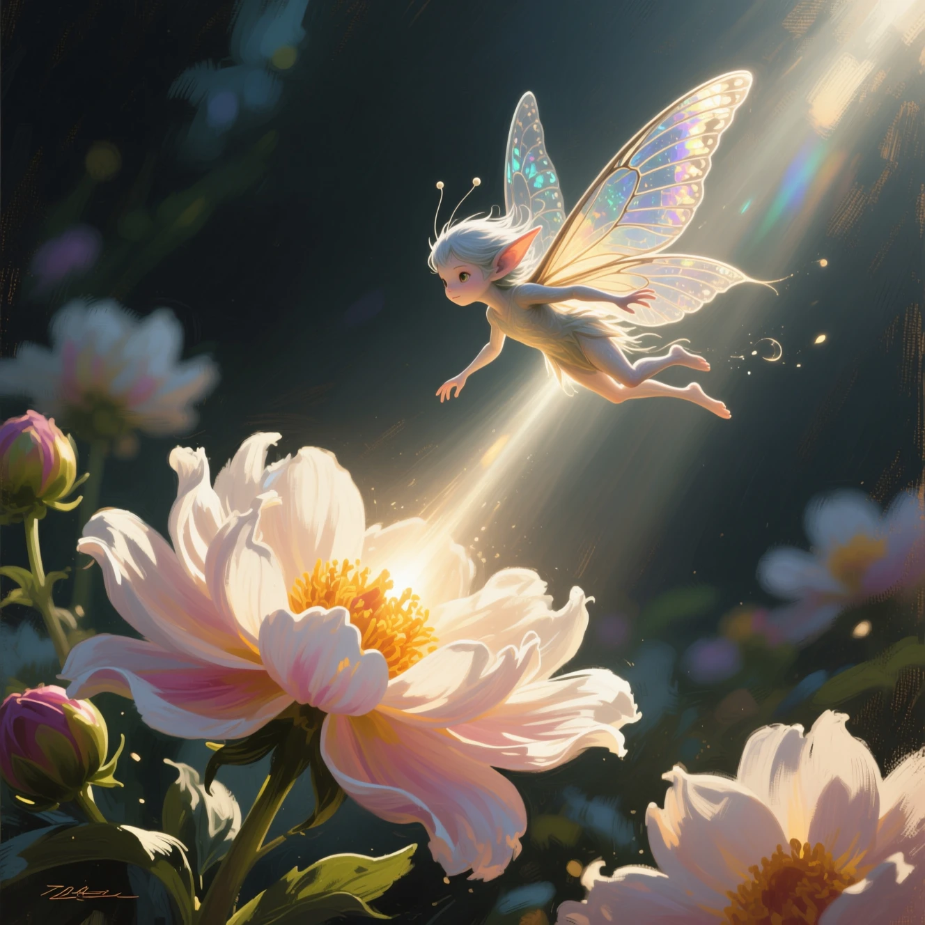 Pequeña hada volando sobre flores brillantes en flor