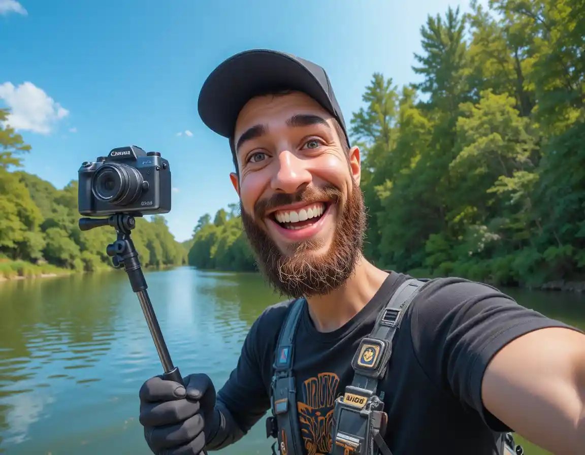 Bearded man taking a selfie by a green riverside bridge