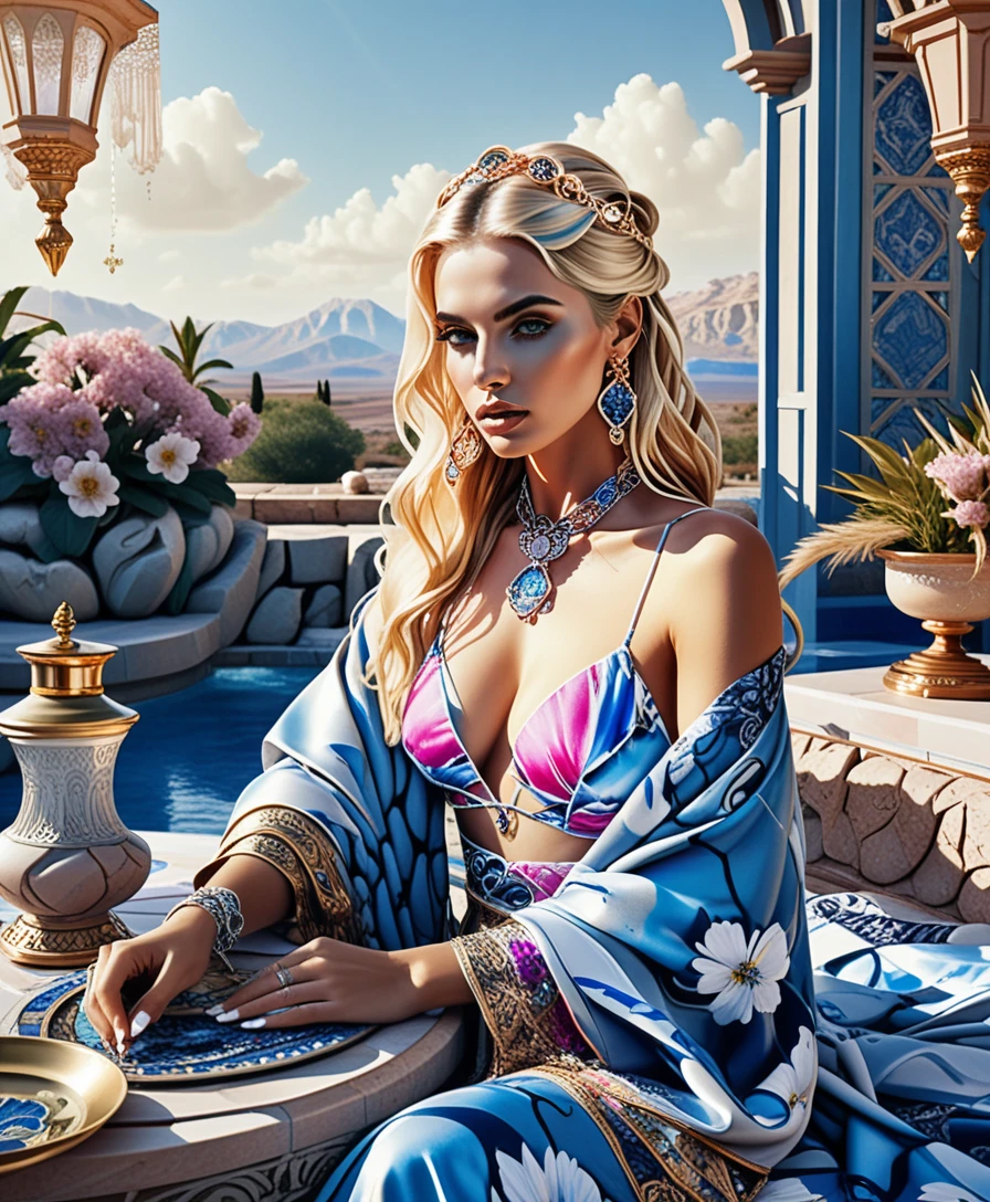 Blonde enchantress at a gilded table in a royal villa