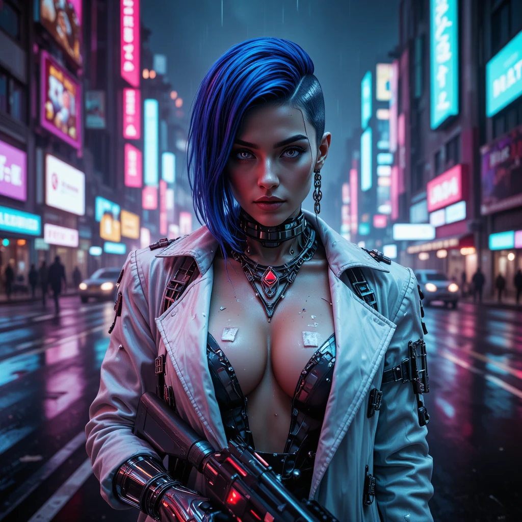 Cyberpunk cyborg woman in neon soaked futuristic city