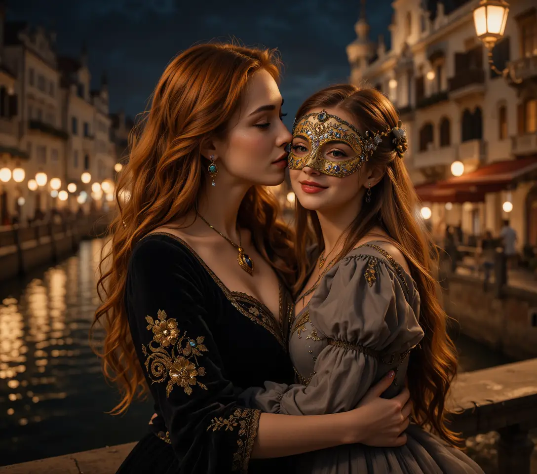 Masked woman kissing girl by a medieval night canal