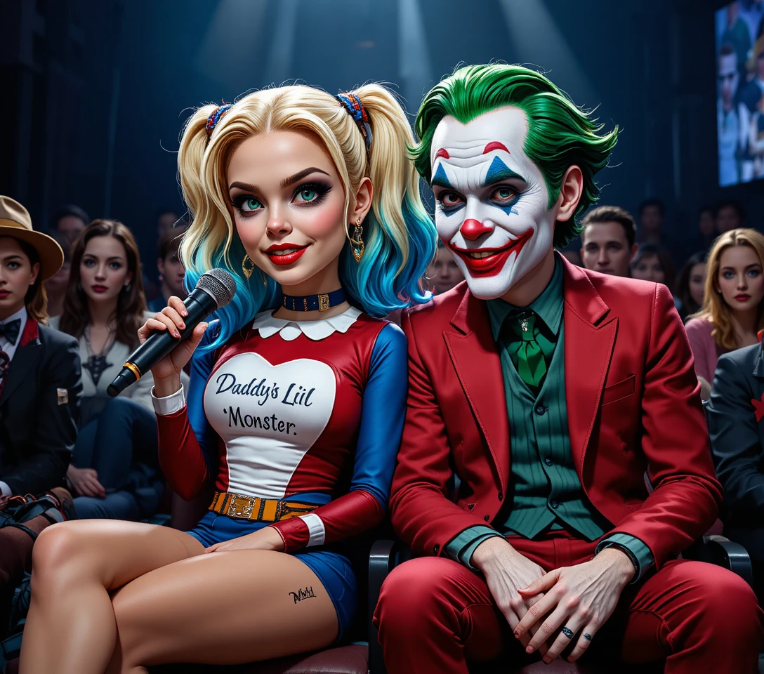 Cosplay couple dressed as colorful villain duo on stage