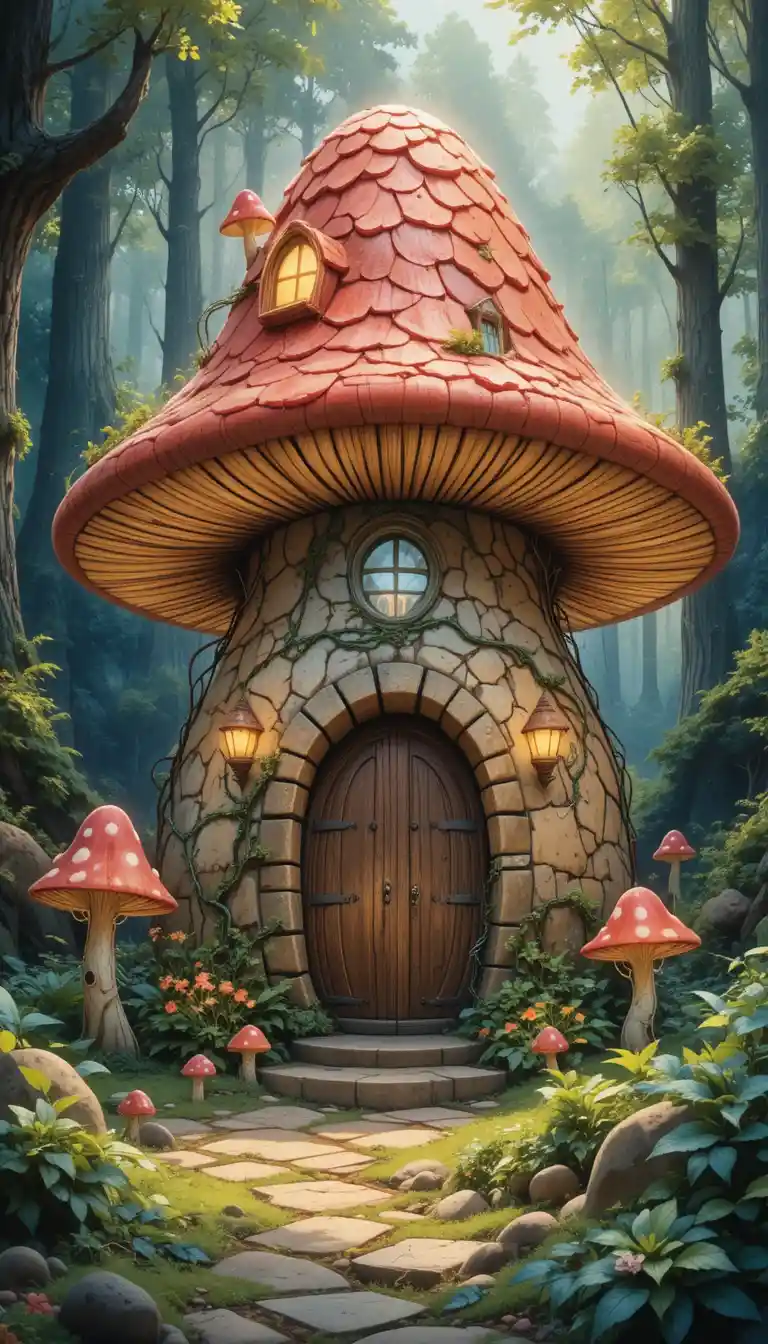 Whimsical Giant Mushroom House Glowing In A Fantasy Forest