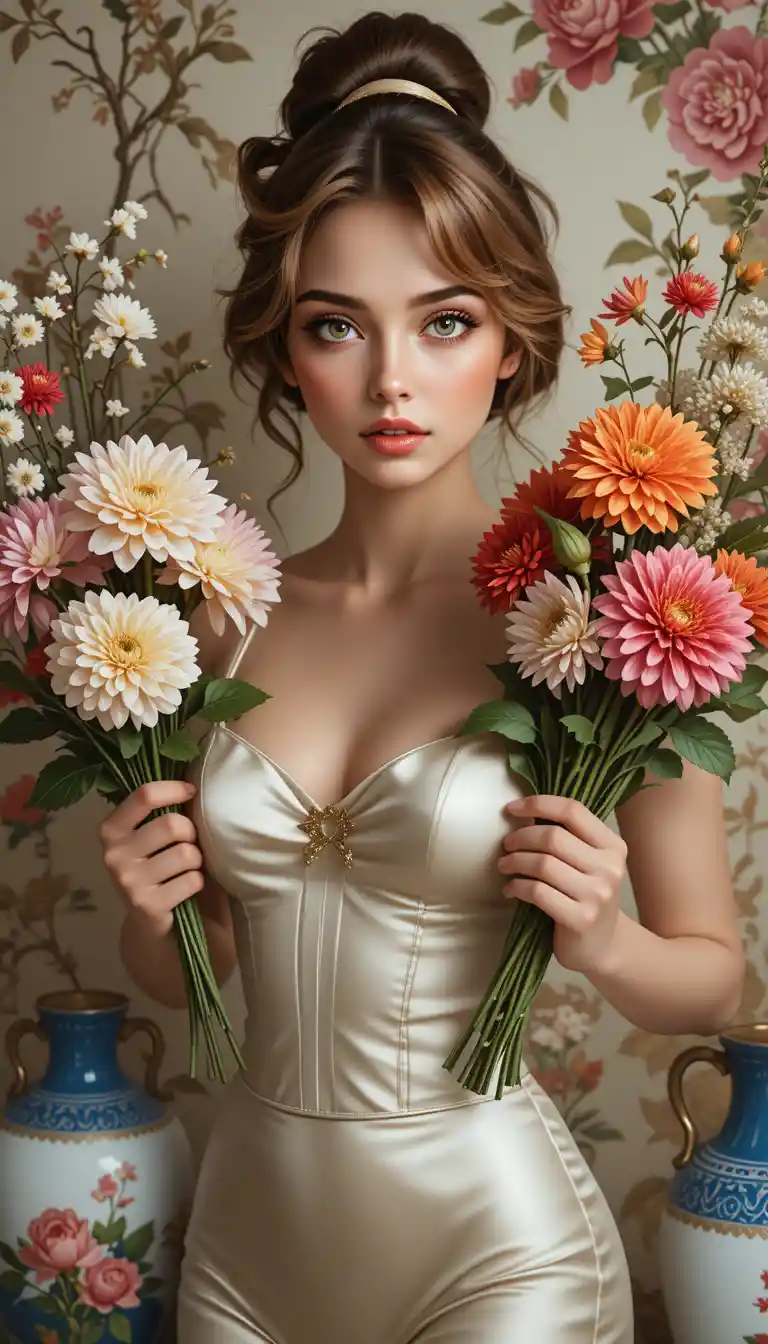Young woman with flower baskets in vintage lingerie