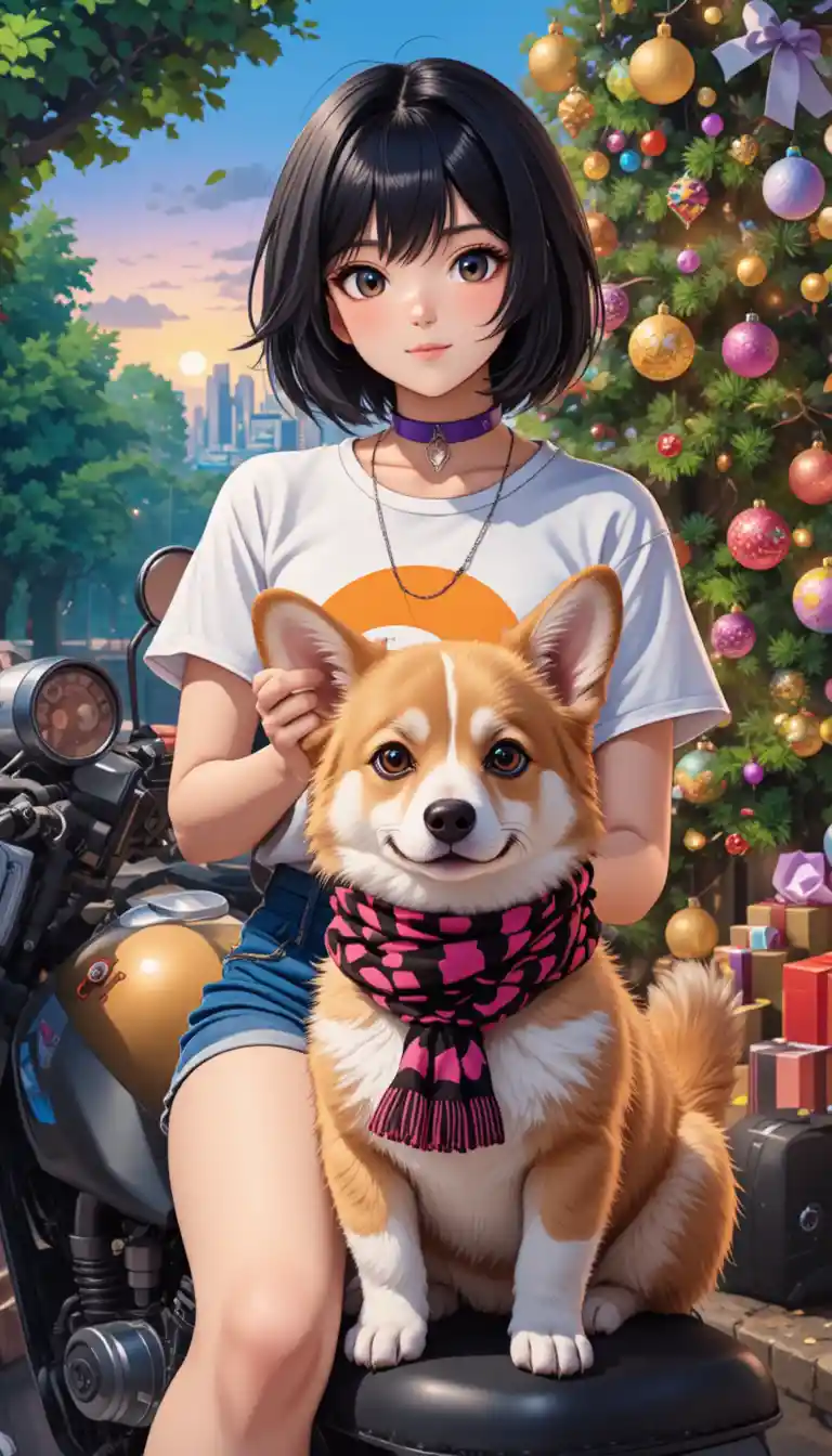 Ragazza anime in moto con cane tra il verde urbano