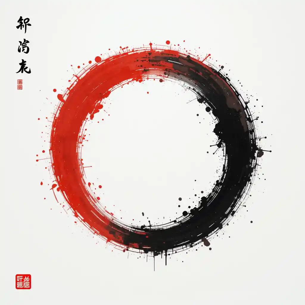 Minimalist black ink zen circle with red glow on white