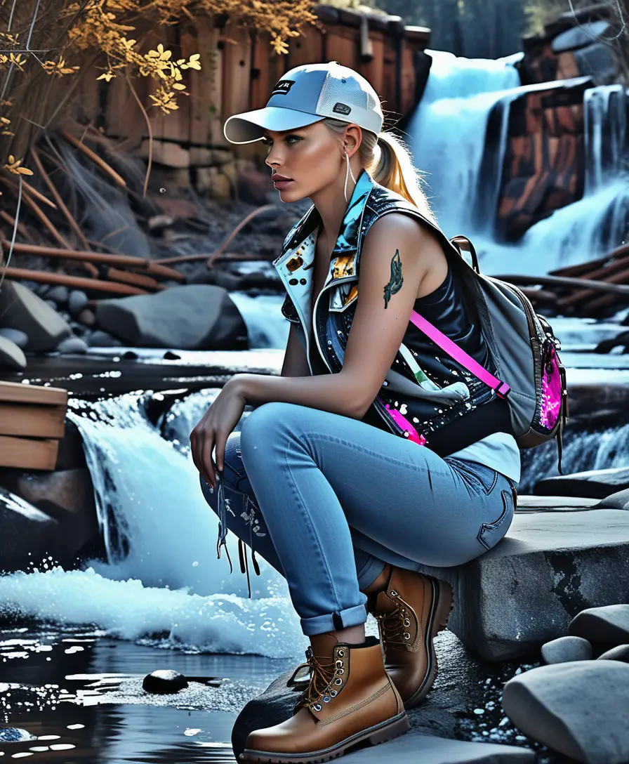 Blonde woman sketching by a quiet forest creek
