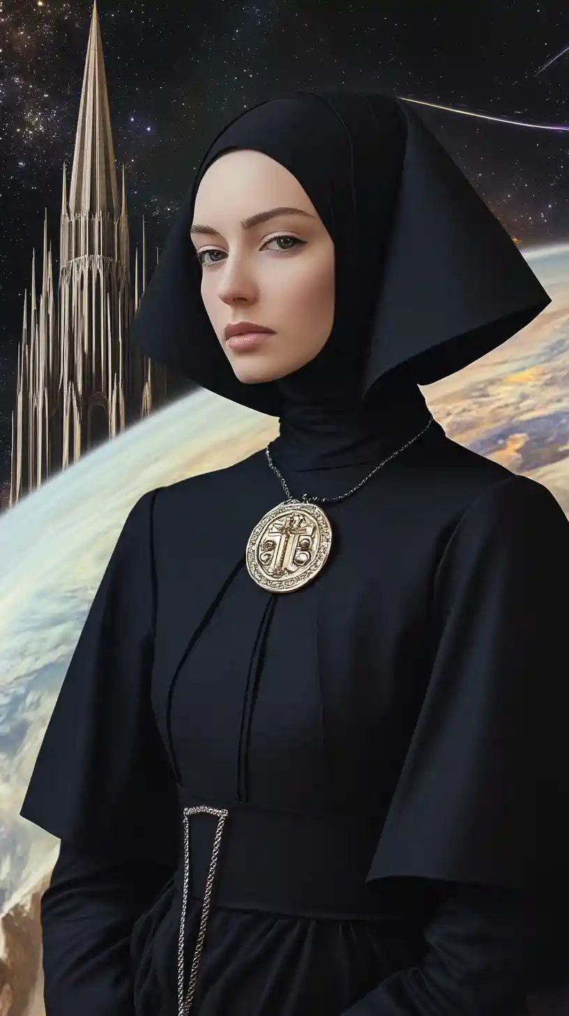 Close-up surreal de mulher velada em planeta alienígena