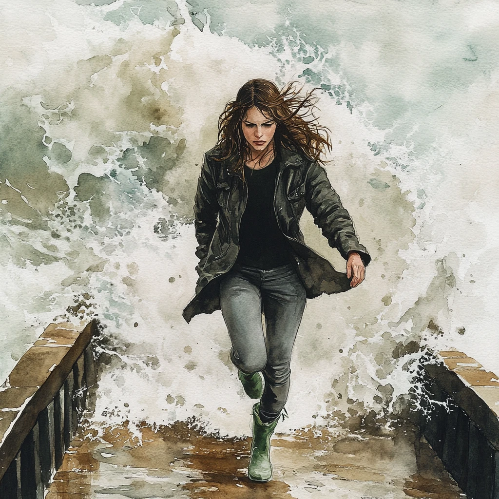Mujer con impermeable verde apresurada por un muelle costero en plena tormenta