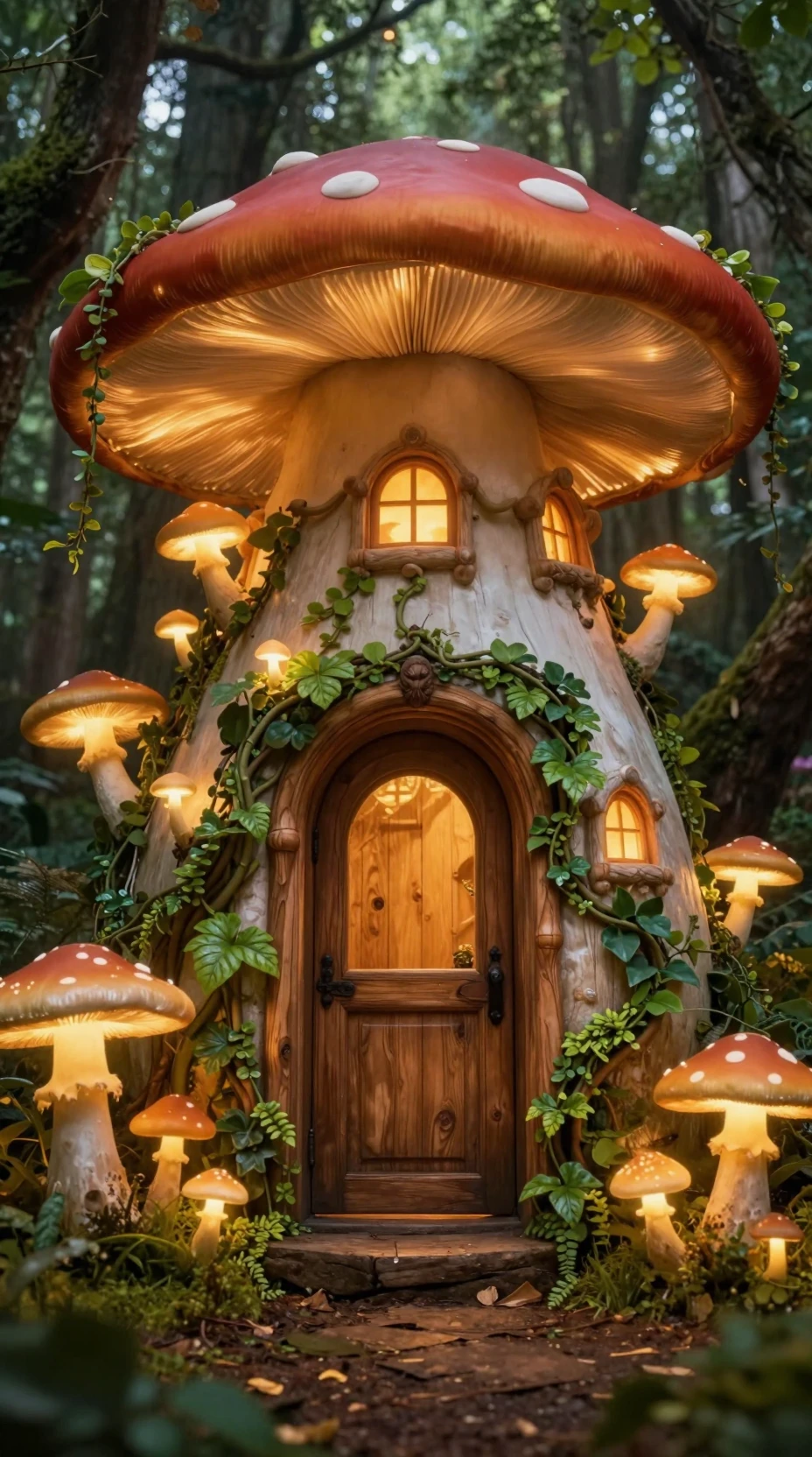 Casa de Cogumelo Fantasiosa Brilhando em uma Floresta Encantada