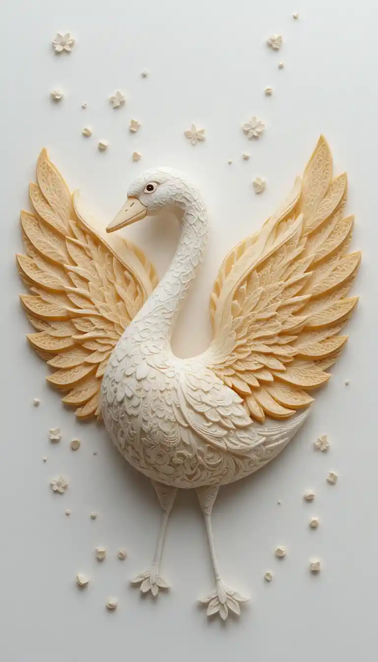 Escultura isométrica 3D de cisne formada por panquecas em forma de renda