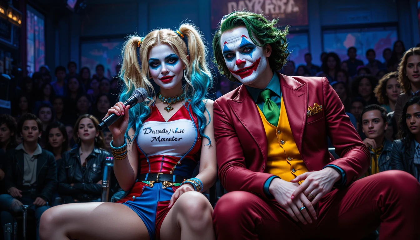 Cosplay couple dressed as clown villains in tv studio audience