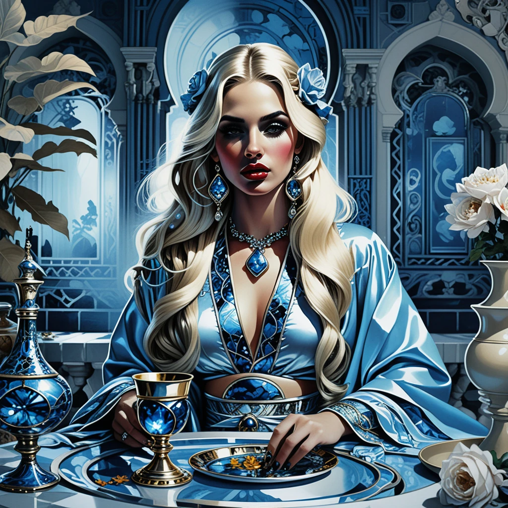 Enchanteresse blonde mystique à une table de palais dorée