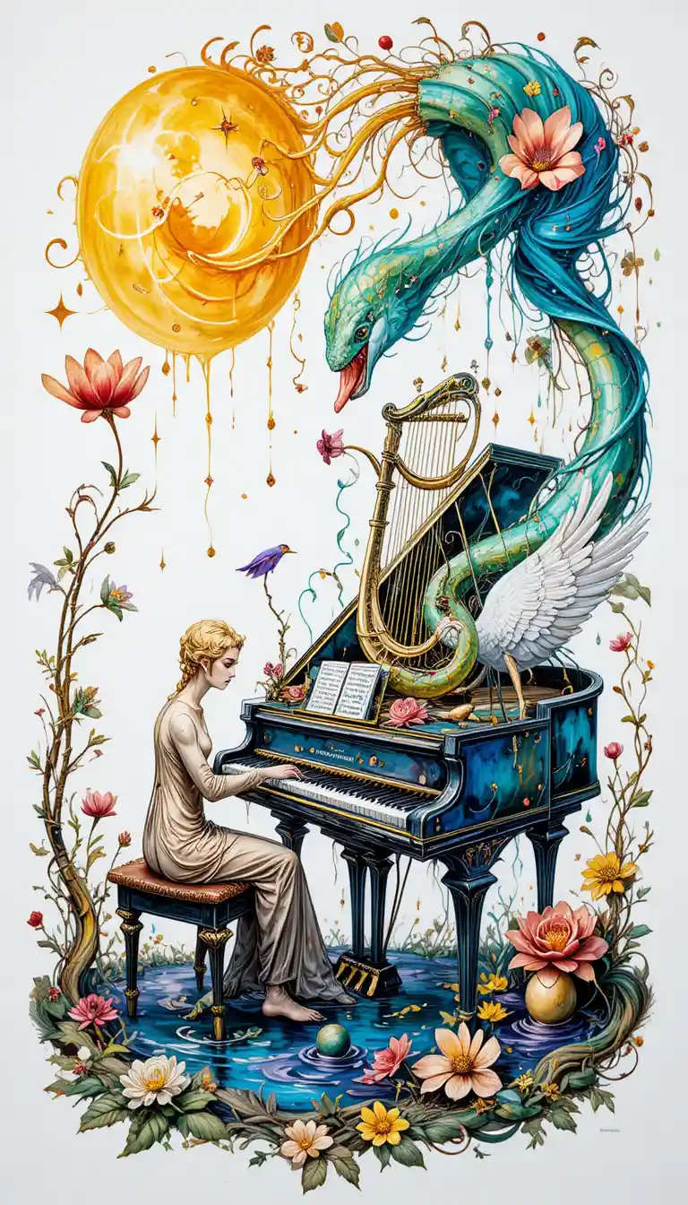 Surreale Fusion aus Klavier und Schwan vor weißem Hintergrund